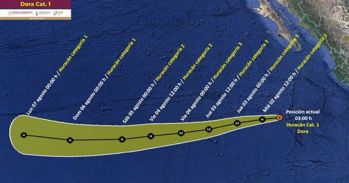 Dora upgraded from a tropical storm to a Category Two hurricane