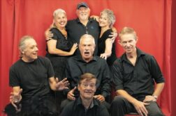 Odd Couple cast. Mark Donaldson, Juan Grattan, Patrick Trotter, Ross Anderson, Maureen O’Hearn, John Ward, Leatha Martin (not shown: Gene Ma); Photo: Jack Voller