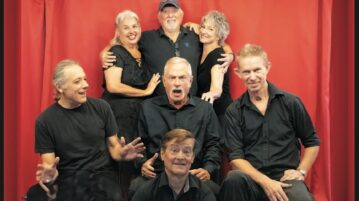 Odd Couple cast. Mark Donaldson, Juan Grattan, Patrick Trotter, Ross Anderson, Maureen O’Hearn, John Ward, Leatha Martin (not shown: Gene Ma); Photo: Jack Voller