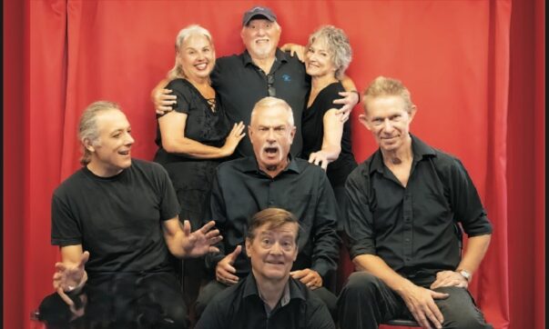 Odd Couple cast. Mark Donaldson, Juan Grattan, Patrick Trotter, Ross Anderson, Maureen O’Hearn, John Ward, Leatha Martin (not shown: Gene Ma); Photo: Jack Voller