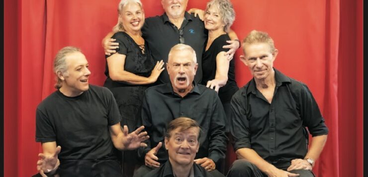 Odd Couple cast. Mark Donaldson, Juan Grattan, Patrick Trotter, Ross Anderson, Maureen O’Hearn, John Ward, Leatha Martin (not shown: Gene Ma); Photo: Jack Voller