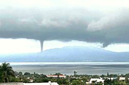 Waterspout from hillside above the lake. Photo: Elisa Moeton Heard from Facebook